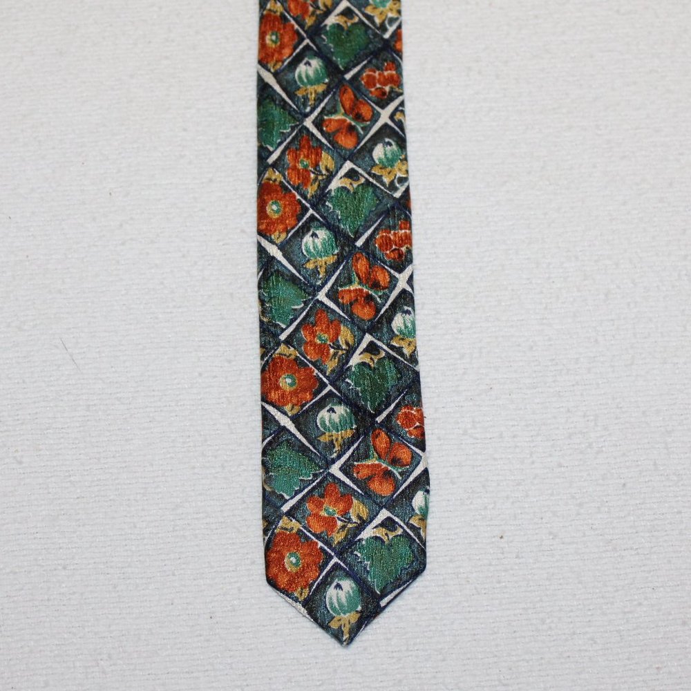 Ermenegildo Zegna 100% silk necktie green orange flower butterfly leaf Italy tie - Picture 5 of 8